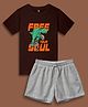 NUSYL Cotton Blend Knit Half Sleeves Dinosaur Printed Tee With Solid Shorts Set - Brown & Grey