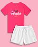 NUSYL Cotton Blend Knit Half Sleeves Fish & Text Printed Tee With Solid Shorts Set - Hot Pink & White
