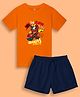 NUSYL Cotton Blend Knit Half Sleeves Yes I M Super Hero Text Printed Tee & Shorts Set - Orange & Navy Blue