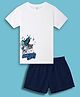 NUSYL Cotton Blend Knit Half Sleeves Dinosaur Printed Tee & Shorts Set - White & Navy Blue
