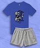 NUSYL Cotton Blend Knit Half Sleeves Rock & Roll Text Printed Tee & Shorts Set - Royal Blue & Grey