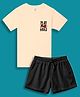 NUSYL Cotton Blend Knit Half Sleeves Play Hard Text Printed Tee & Shorts Set - Beige & Black