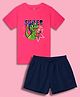 NUSYL Cotton Blend Knit Half Sleeves Super Star Text Printed Tee & Shorts Set - Hot Pink & Navy Blue