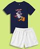 NUSYL Cotton Blend Knit Half Sleeves Lets Go Text Printed Tee & Shorts Set - Navy Blue & White
