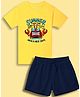 NUSYL Cotton Blend Knit Half Sleeves Summer Text Printed Tee & Shorts Set - Yellow & Navy Blue