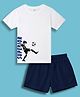 NUSYL Cotton Blend Knit Half Sleeves Superior Text Printed Tee & Shorts Set - White & Navy Blue