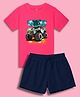 NUSYL Cotton Blend Knit Half Sleeves Born To Ride Text Printed Tee With Solid Shorts Set - Hot Pink & Navy Blue