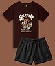 NUSYL Cotton Blend Knit Half Sleeves Skater Text Printed Tee With Solid Shorts Set - Brown & Black