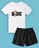 NUSYL Cotton Blend Knit Half Sleeves Teddy Bear Printed Tee With Solid Shorts Set - White & Black