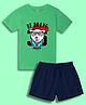 NUSYL Cotton Blend Knit Half Sleeves Be Brave Text & Dog Printed Tee & Shorts Set - Green & Navy Blue