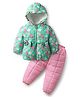 Babyhug Woven Full Sleeves Quilted Polyfill Hooded Heavy Winter Wear Suit Set With Polyfill Quilted Pant with Floral Print Frill Detailing on Hoodie & Bow Applique - Green & Pink
