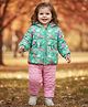 Babyhug Woven Full Sleeves Quilted Polyfill Hooded Heavy Winter Wear Suit Set With Polyfill Quilted Pant with Floral Print Frill Detailing on Hoodie & Bow Applique - Green & Pink