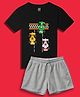 NUSYL Cotton Blend Knit Half Sleeves Racing Cars Printed Tee & Shorts Set - Black & Grey