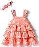 Babyhug Single Jersey Knit Sleeveless Frock With Butterfly Print & Headband - Pink & White