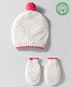 Babyhug Organic Cotton Knit Woollen Cap & Mittens With Knit Design with White & Pink - Diameter 17 cm