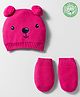 Babyhug Organic Cotton Knit Woollen Cap & Mittens With Teddy & Ear Applique Fuschia - Diameter 9 cm