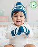 Babyhug Organic Cotton Knit Striped Woollen Cap & Mittens Blue - Diameter 11 cm