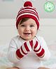 Babyhug Organic Cotton Knit Striped Woollen Cap & Mittens Red - Diameter 11 cm