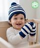 Babyhug Organic Cotton Knit Striped Woollen Cap & Mittens Navy Blue - Diameter 11 cm