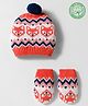 Babyhug Organic Cotton Knit Woollen Cap & Mittens With Fox Design Pink & White - Diameter 15.25 cm