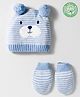 Babyhug Organic Cotton Knit Woollen Cap & Mittens With Teddy & Ear Applique Light Blue & White - Diameter 9 cm