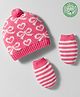 Babyhug Organic Cotton Woollen Knit Cap & Mittens Set with Stripe Bow & Hearts Design Pink - Diameter 17 cm