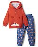 Babyhug Terry Knit Full Sleeves Hooded Sweatjacket & Joggers With with Fox Print & Applique - Rust Orange & Navy Blue