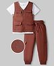 OLLINGTON ST. Cotton Sinker Knit Sleeveless Jacket with Front Pockets & Knit Joggers with Half Sleeves Inner T-shirt - Brown