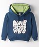 Tango Knit Full Sleeves Hooded Fleece Sweatshirt with Text Print - Navy Blue