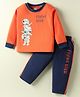 Tango Single Jersey Knit Full Sleeves T-shirt & Lounge Pant Set with Flying High Animal Astronauts Print - Orange & Navy Blue
