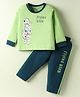 Tango Single Jersey Knit Full Sleeves T-shirt & Lounge Pant Set with Flying High Animal Astronauts Print - Light Green & Navy Blue
