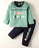 Tango Single Jersey Knit Full Sleeves T-shirt & Lounge Pant Set with Forest Camping Print - Sea Green & Navy Blue