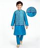 EARTHY TOUCH Woven Full Sleeves Kurta Pyjama Set With Foil Printed Nehru Jacket - Teal Blue