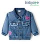 Babyoye Cotton Woven Full Sleeves Denim Jacket With Butterfly & Floral Embroidery - Navy Blue