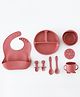 Baby Silicone Feeding Set- Wine Red| Food Grade| Mess-free| Train Self Feeding| Easy to Clean| Gift for Boys & Girls| Dishwasher Safe| Suction Plate, Bowl, Bib, Snack Cup, Training Cup, Spoon & Fork