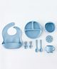 Baby Silicone Feeding Set- Light Blue| Food Grade| Mess-free| Train Self Feeding| Easy to Clean| Gift for Boys & Girls| Dishwasher Safe| Suction Plate, Bowl, Bib, Snack Cup, Training Cup, Spoon & Fork