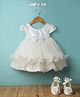 Babyhug Woven Cap Sleeves Sequinned Yoke Mesh Party Dress with Bow Applique Headband & Booties - White