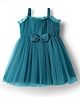 Babyhug Woven Sleeveless Party Dress With Bow Applique & Mesh Detailing - Teal Blue
