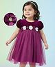Babyhug Mesh Woven Half Puffed Sleeves Fit and Flare Party Dress With Glitter & Floral Applique - Wine