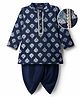 EARTHY TOUCH Single Jersey Knit Full Sleeves Dhoti Kurta Set with Ethnic Motif Print - Navy Blue