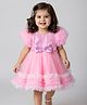 Babyhug Woven Half Sleeves Mesh Party Dress With Sequin Detailing & Bow Applique - Pink & White