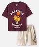 Nap Chief Cotton Knit Garfield Featuring Half Sleeves Character Printed Coordinating Oversized Tee & Cargo Shorts Set - Light Maroon