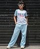 Nap Chief Pure Cotton Knit Half Raglan Sleeves Bonjour Text Printed Tee With Solid Pant Set - White