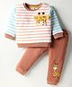 ToffyHouse Fleece Knit Full Sleeves Winter Wear Striped Sweatshirt & Lounge Pant Set with Giraffe Patch Detailing - Brown