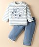ToffyHouse Interlock Knit Full Sleeves T-Shirt & Pant Set with Stripe & Animal Embroidery Knit - Airforce Blue