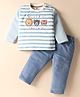 ToffyHouse Interlock Knit Full Sleeves Striped T-Shirt & Lounge Pant Set with Animal Patch Detailing - Light Blue