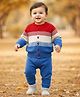 Babyhug Knit Full Sleeves Front Open Sweater Set with Stripes & Color Block Design - Red White & Royal Blue