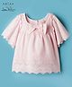 Arias Cotton Woven Half Flutter Sleeves Schiffli Top with Bow Applique - Pink