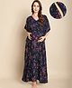 Secret Wish Rayon Woven Half Batwing Sleeves Paisley Printed Maternity Kaftan Nighty With Side Seam Nursing Access - Navy Blue