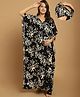 Secret Wish Rayon Woven Half Batwing Sleeves Leaves Printed Maternity Kaftan Nighty With Side Seam Nursing Access - Black
